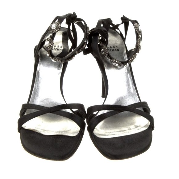 Stuart Weitzman 8 Suede CRYSTAL Sandals Ankle Tie Strappy Stiletto Heels Black - Picture 5 of 9